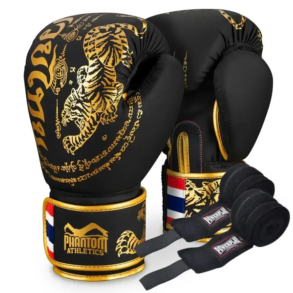 Боксерские перчатки Phantom Muay Thai Black Gold 14 унций (Бинты 4м. в подарок) купить