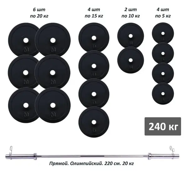Штанга олімпійська 240 кг з прогумованими металевими дисками RN-Sport купити