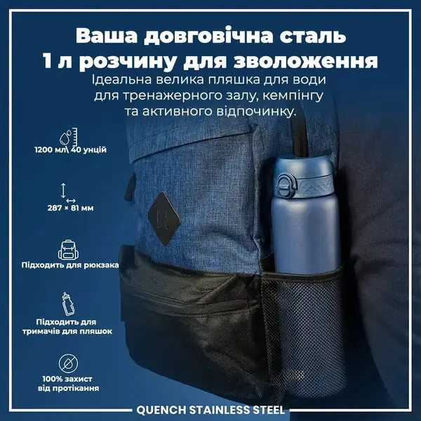 Бутылка для воды металлическая ION8 1200 мл. Stainless Steel , Ash Navy купить недорого в Украине, фото 5