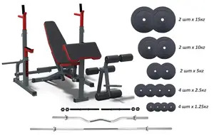 Лавка для жиму + Стійки для присідань + 4 грифи + 75 кг млинців купити