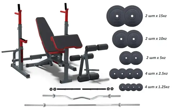 Лавка для жиму + Стійки для присідань + 4 грифи + 75 кг млинців купити
