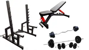 Профессиональная скамейка со стойками RN-Sport black rock + 4 грифа, 80 кг дисков купить