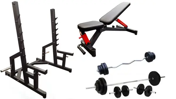 Профессиональная скамейка со стойками RN-Sport black rock + 4 грифа, 80 кг дисков купить