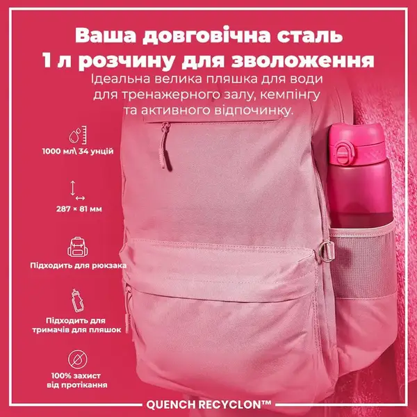 Пляшка для води ION8 1000 мл. (ЕКО пляшка) BPA Free, Pink купити недорого в Україні, фото 5
