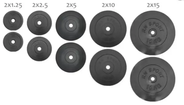 67 кг (2х1.25, 2х2.5, 2x5, 2х10 та 2x15) дисків, покритих пластиком (31 мм) купити
