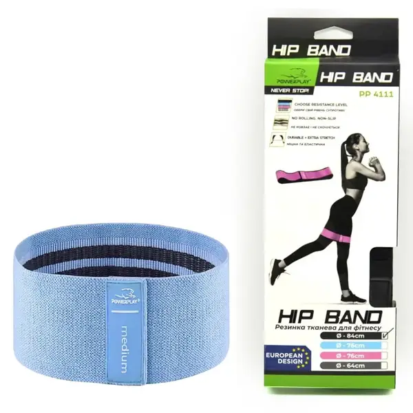 Тканева гумка для фітнесу та спорту PowerPlay 4111 Hip Band M Medium Блакитна (d_76cm) купити недорого в Україні, фото 7