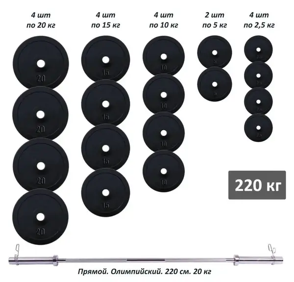 Штанга олимпийская 220 кг с прорезиненными металлическими дисками RN-Sport купить