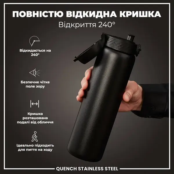 Бутылка для воды металлическая ION8 1200 мл. Stainless Steel, Black купить недорого в Украине, фото 3