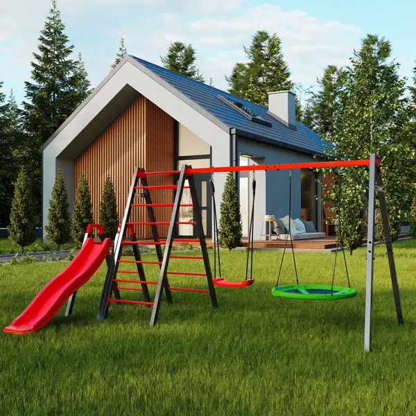 Качели с гнездом аиста, лестницей и горкой K-Sport KSOZ015DJZ - красно-серая купить недорого в Украине, фото 5