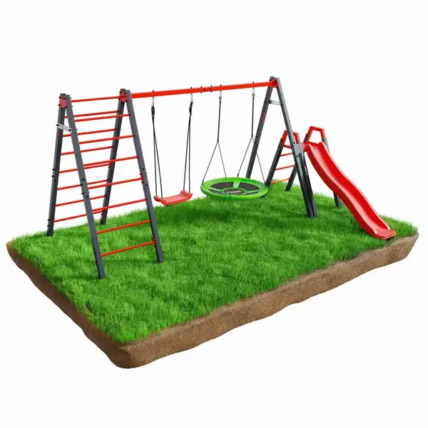 Качели с гнездом аиста, лестницей и горкой K-Sport KSOZ015DJZ - красно-серая купить