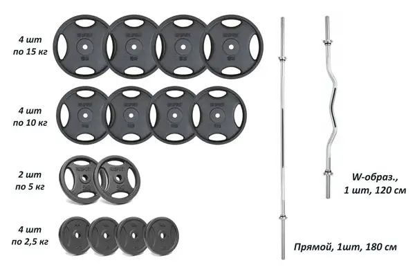 Набор штанги с гантелями. 4 грифа + 120 кг металлических дисков RN-Sport купить