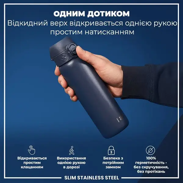 Пляшка для води металева ION8 600 мл. Stainless Steel , Ash Navy купити недорого в Україні, фото 2