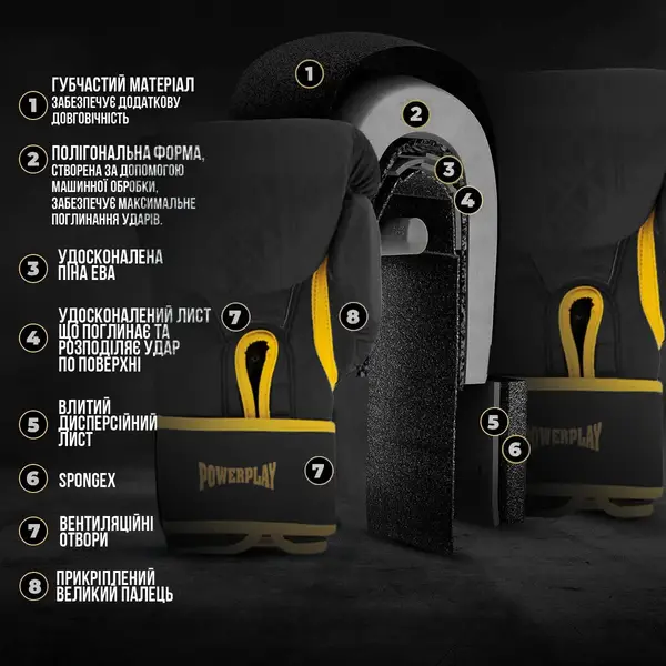 Боксерські рукавиці PowerPlay 3021 Ukraine Чорно жовті 14 унцій купити недорого в Україні, фото 5