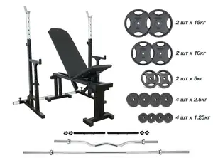 Скамейка 090 + Стойки со страховочными упорами UM 0150 Штанга + металлическая 83 кг, гриф W, гантели RN-Sport купить